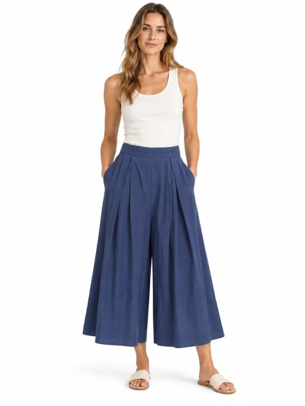 Pomandere Pleated Wide Leg Culotte Pants Blue Cotton Made in Italy IT 40